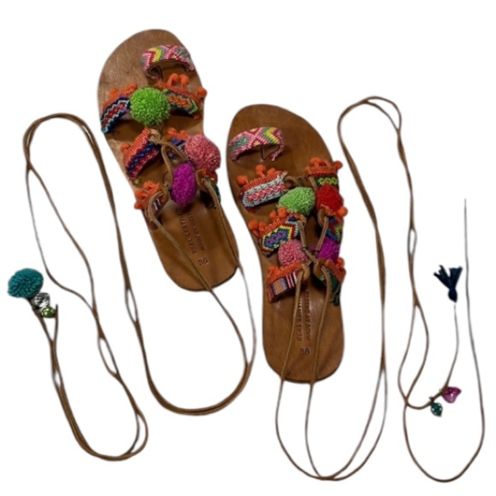Greek PomPom Gladiator Leather Sandals, colorful and fun